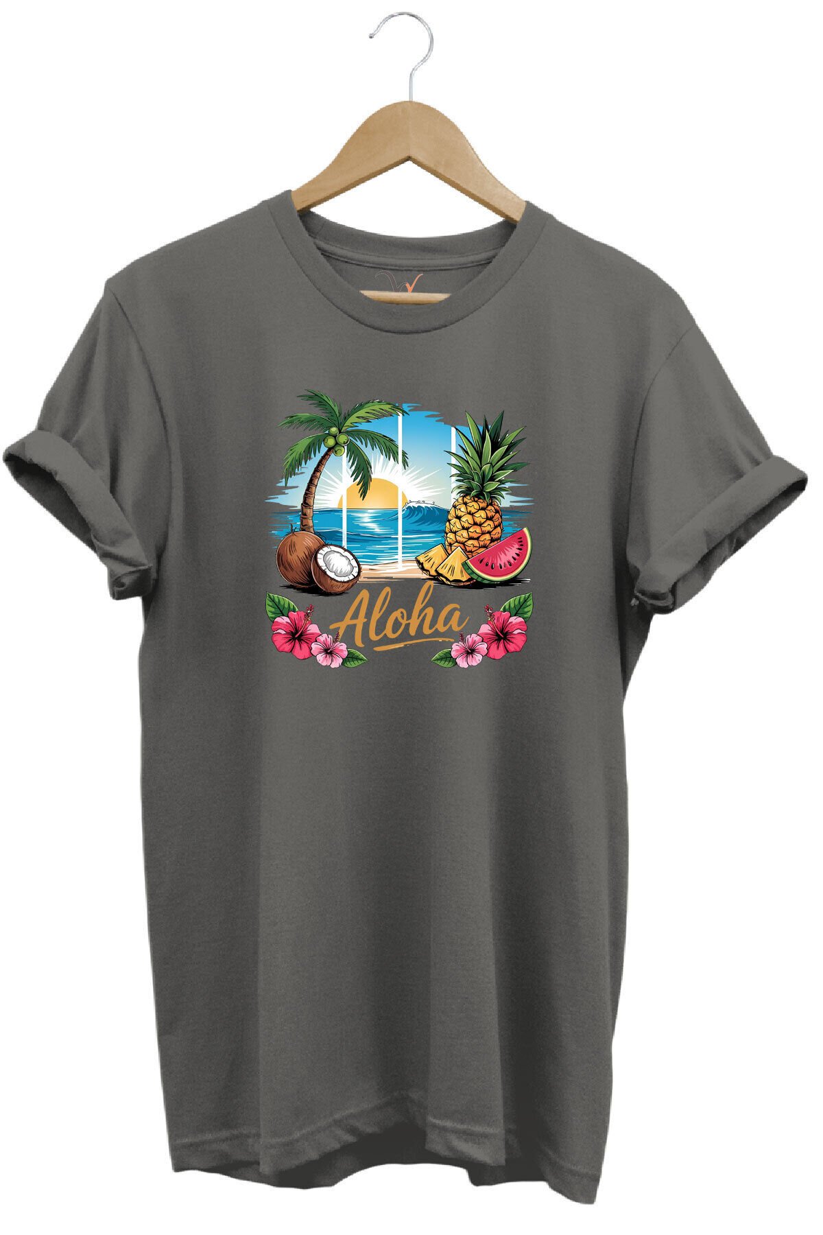 Summer Vibes Aloha Yazılı Hindistan Cevizi Yaz Kumsal Baskılı %100 Pamuk Unisex Regular Fit T-Shirt