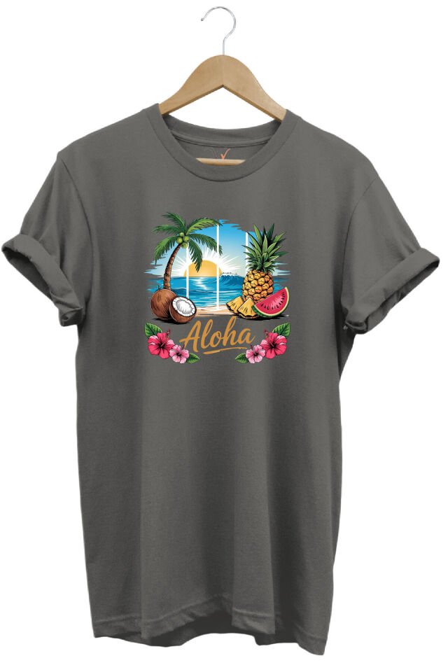 Summer Vibes Aloha Yazılı Hindistan Cevizi Yaz Kumsal Baskılı %100 Pamuk Unisex Regular Fit T-Shirt