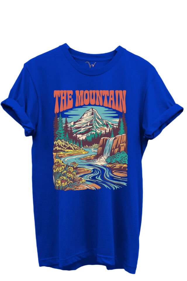 The Mountain Yazılı Dağ Manzarası ve Şelale Baskılı %100 Pamuk Regular Fit Unisex T-Shirt Mavi - XL