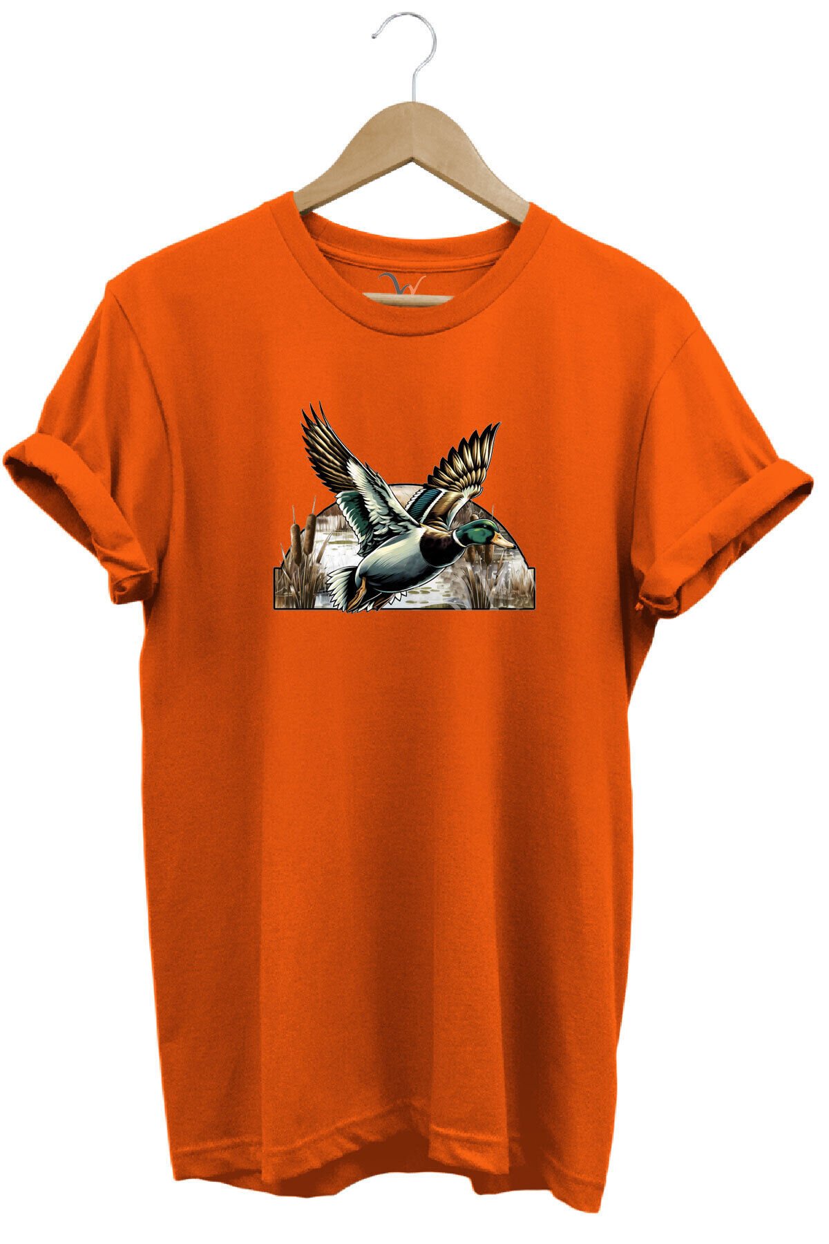 Avcılık Temalı Uçan Ördek Baskılı %100 Pamuk Unisex Regular Fit T-Shirt Turuncu - L