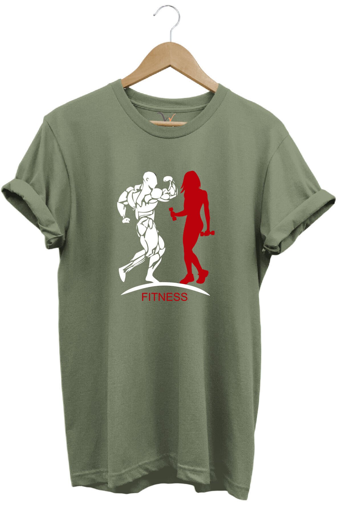 Gym Fitness Spor Yapan Kadın Ve Erkek Baskılı %100 Pamuk Regular Fit Bisiklet Yaka Gri T-shirt Haki - 2XL