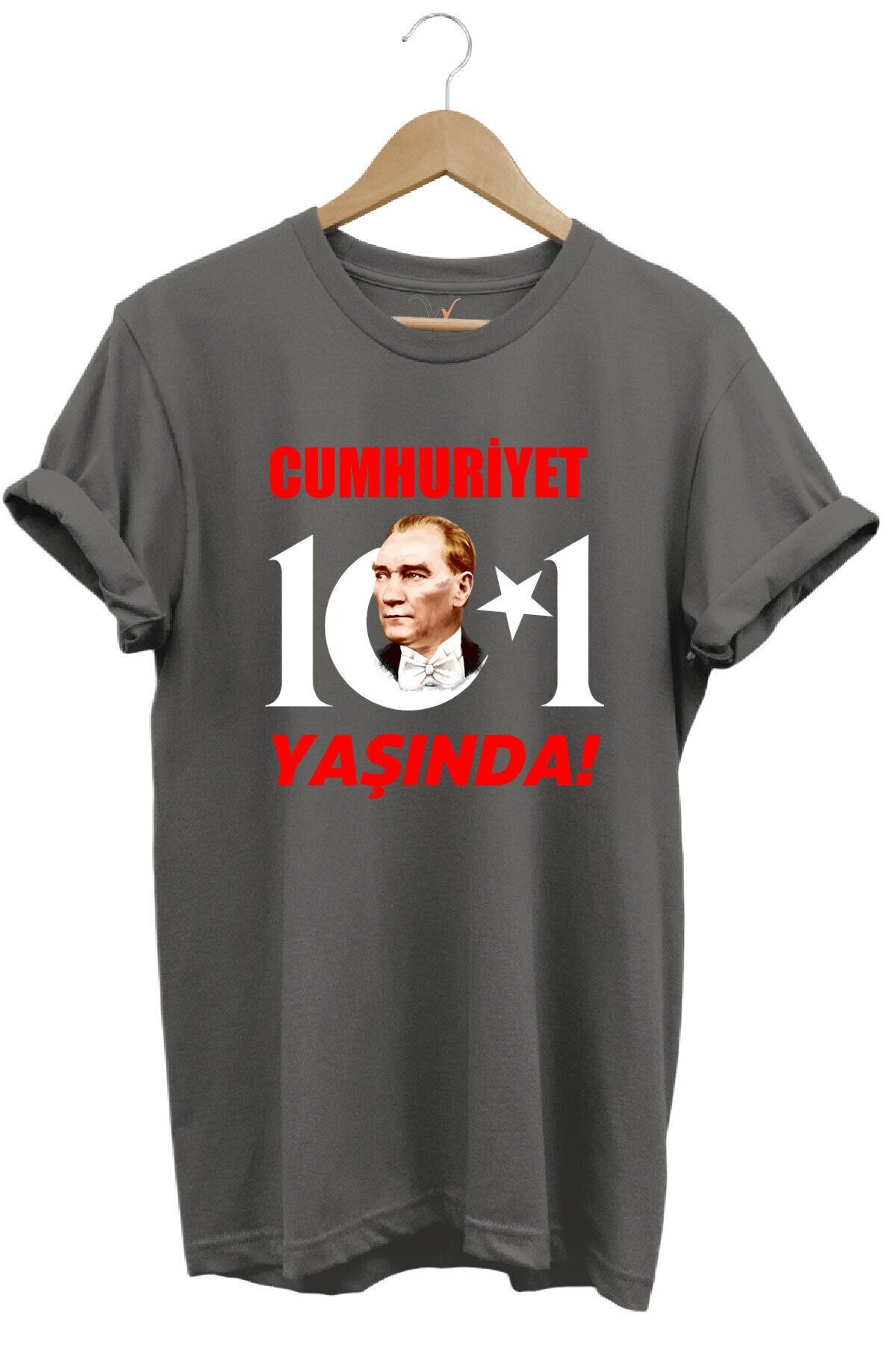 29 Ekim Cumhuriyet Bayramı Atatürk Ay Yıldız Baskılı Cumhuriyet 101 Yaşında Türkiye Turuncu T-shirt Antrasit - L