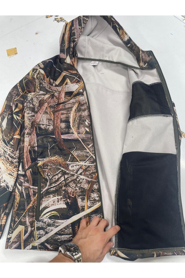 Outdoor Hunter Avcılık Su ve Rüzgar Geçirmez Erkek Saz Desenli Kamuflaj Softshell Mont Kışlık Mont Kamuflaj - 3XL