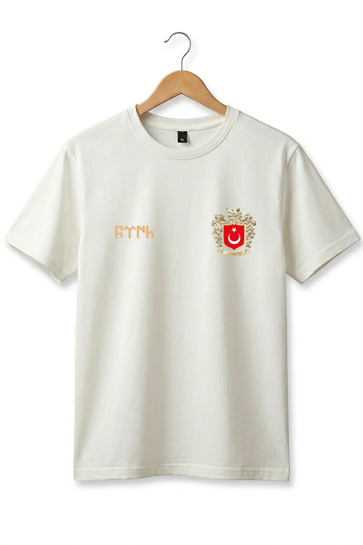 TÜRK Bozkurt Baskılı Bozkurt Sembolü TÜRKİYE ve TÜRK Bayrağı Kurt Regular Fit %100 Pamuk T-Shirt Ekru - 3XL