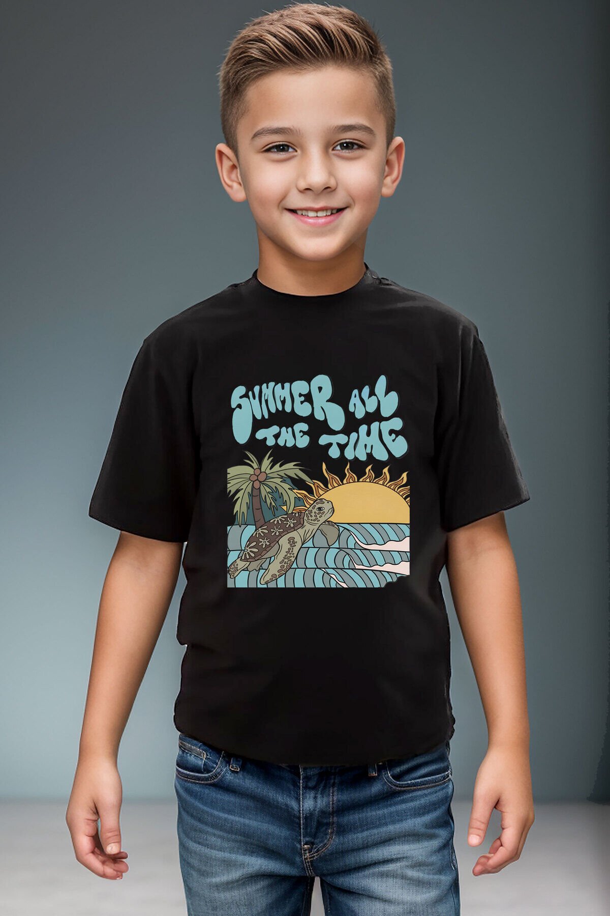 Caretta Caretta Summer Vibe Yazlık Cool Baskılı %100 Pamuk Erkek Çocuk Kız Çocuk Siyah T-shirt Siyah - 7-8 Yaş