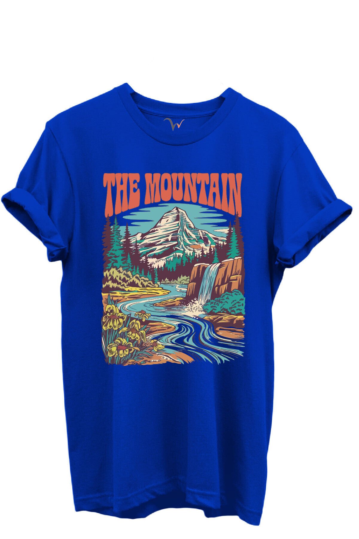 The Mountain Yazılı Dağ Manzarası ve Şelale Baskılı %100 Pamuk Regular Fit Unisex T-Shirt Mavi - 3XL