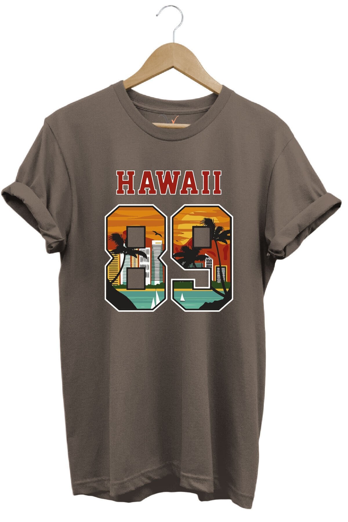 Hawaii 89 Gün Batımı Palmiye ve Yelkenli Baskılı %100 Pamuk Unisex Regular Fit Tişört Kahverengi - L