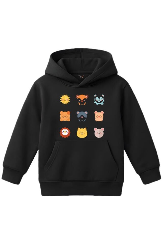 Sevimli Hayvan Yüzleri Baskılı Regular Fit %100 Pamuk Kapüşonlu Çocuk Siyah Swaetshirt