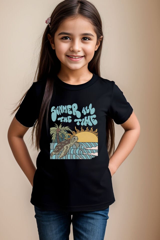 Caretta Caretta Summer Vibe Yazlık Cool Baskılı %100 Pamuk Erkek Çocuk Kız Çocuk Siyah T-shirt Siyah - 3-4 Yaş