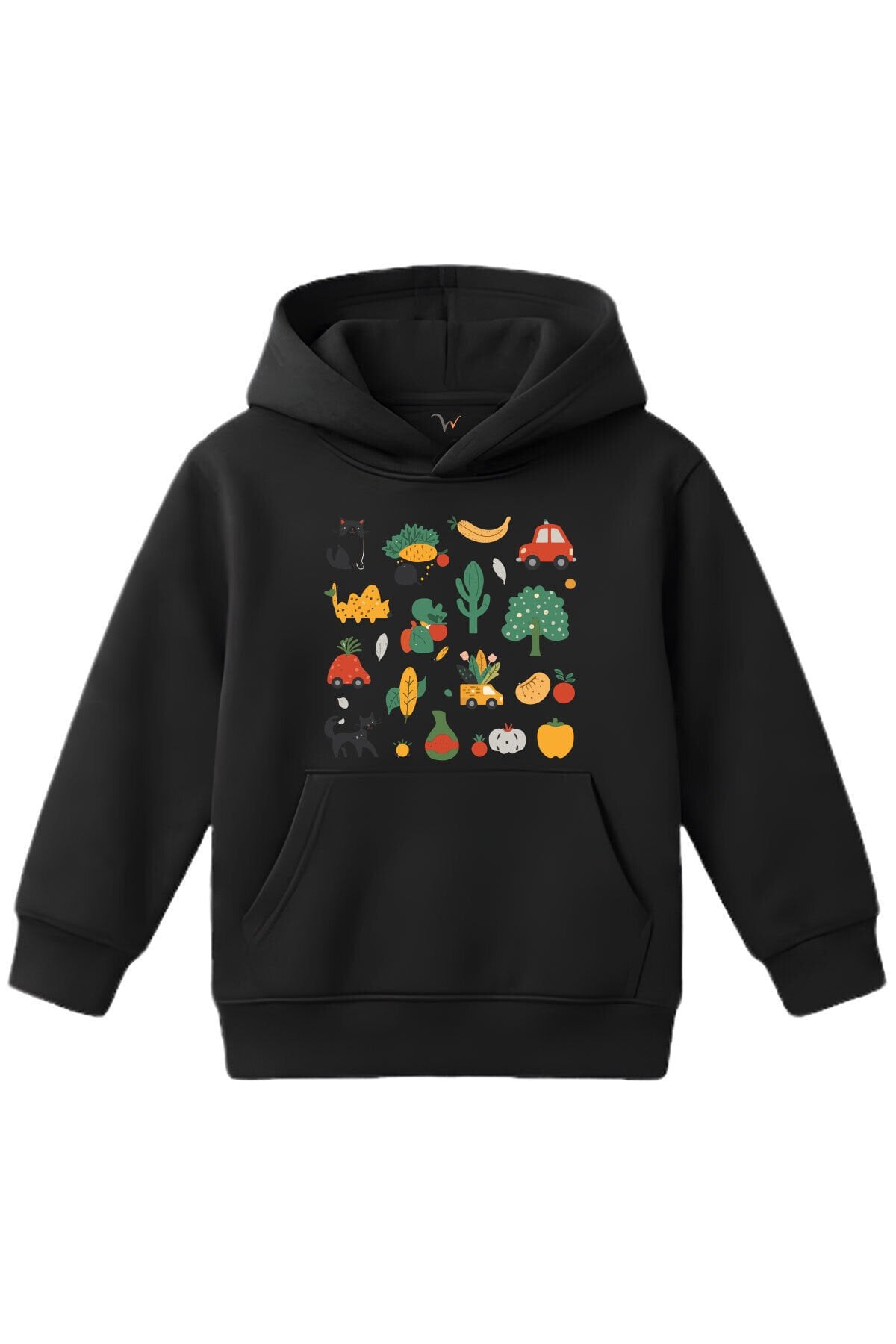 Fun Mix Sebze, Meyve ve Hayvan Baskılı Regular Fit %100 Pamuk Çocuk Siyah Kapüşonlu Sweatshirt