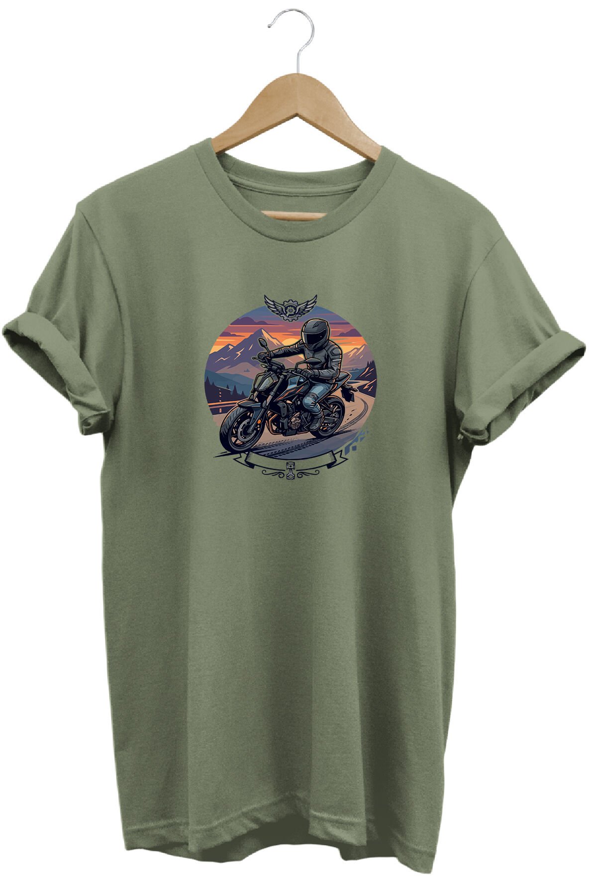 Motorsiklet Baskılı Erkek Tişört Vintage Retro Tasarım Grafik Baskı Bisiklet Yaka Haki - L