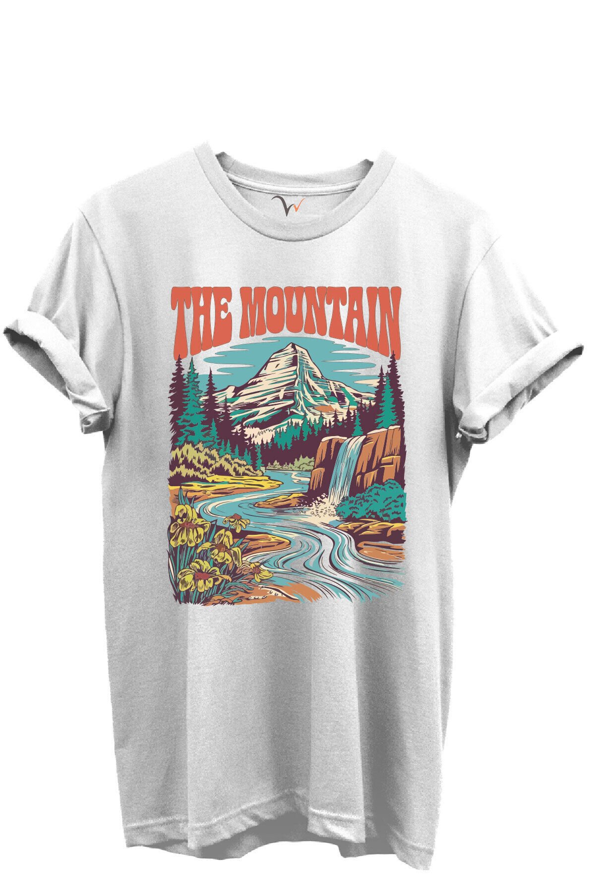 The Mountain Yazılı Dağ Manzarası ve Şelale Baskılı %100 Pamuk Regular Fit Unisex T-Shirt Beyaz - 2XL