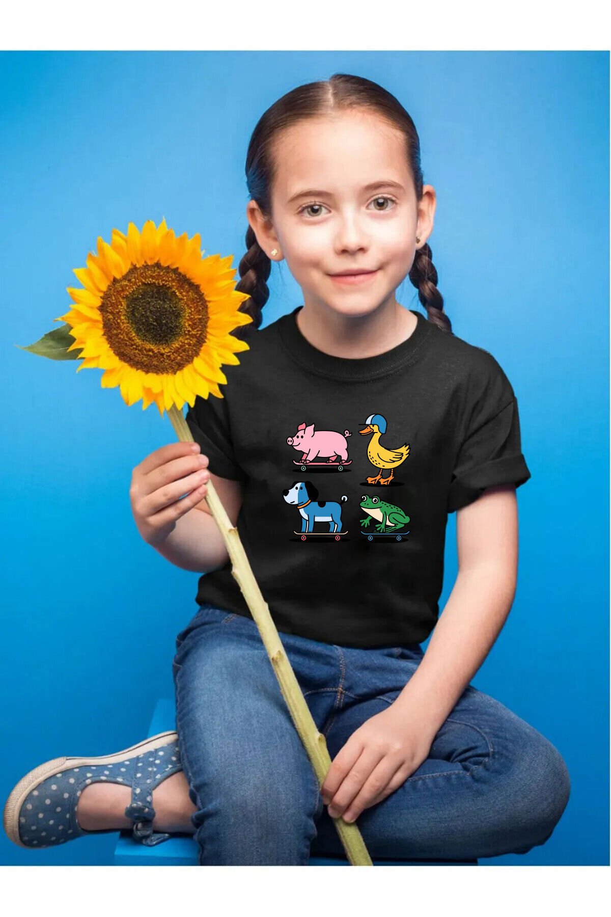 Sevimli Hayvanlar Baskılı Ördek Domuz Köpek Ve Kurbağa Regular Fit %100 Pamuk Çocuk Kırmızı T-shirt Siyah - 13-14 Yaş