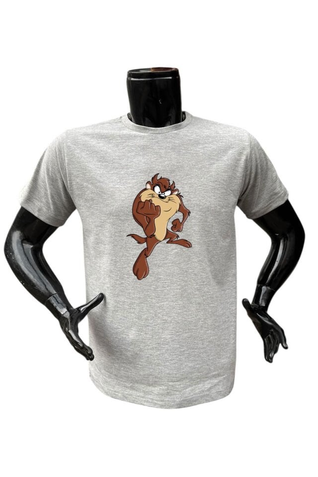 Tazmanya Baskılı Şık Minimal %100 Pamuk Regular Fit Bisiklet Yaka Gri Gri T-shirt