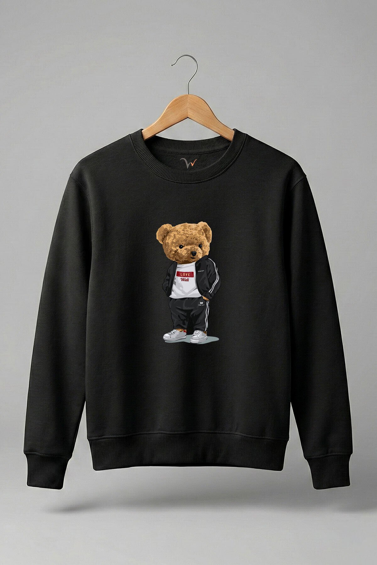 Sevimli Ayıcık Baskılı Love Tasarım %100 Pamuk Regular Fit Bisiklet Yaka 3 İp Kışlık Sweatshirt