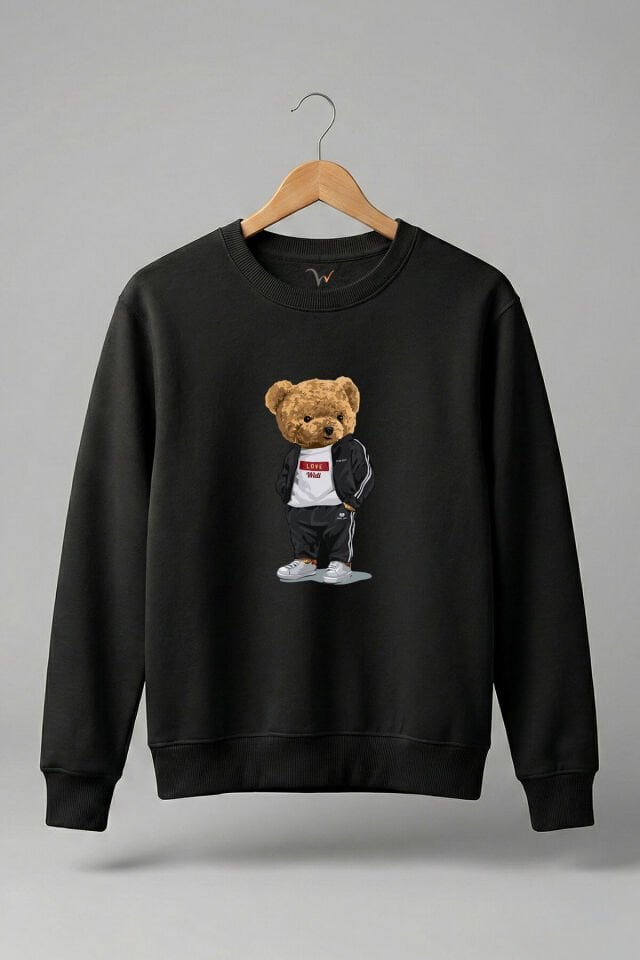 Sevimli Ayıcık Baskılı Love Tasarım %100 Pamuk Regular Fit Bisiklet Yaka 3 İp Kışlık Sweatshirt