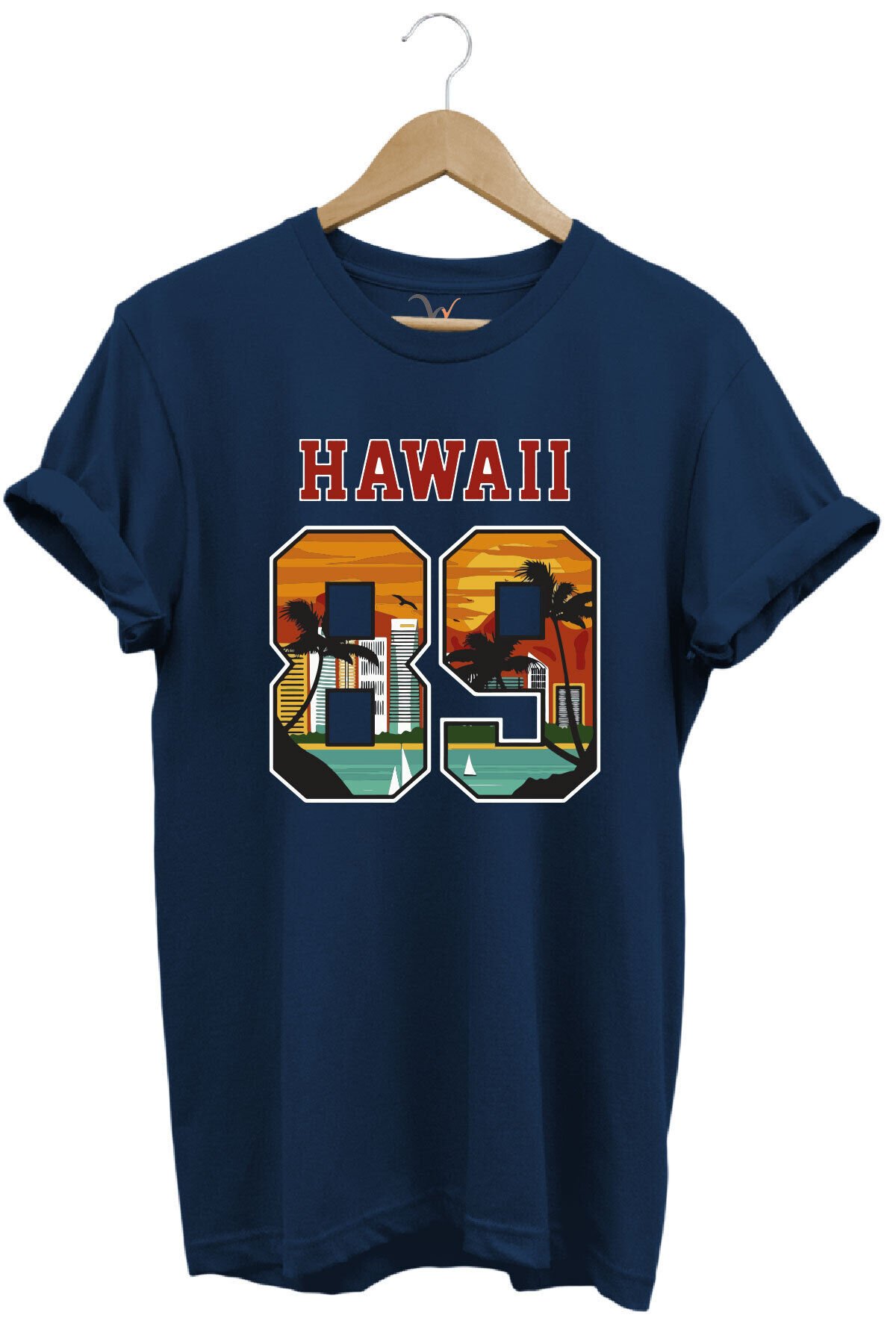 Hawaii 89 Gün Batımı Palmiye ve Yelkenli Baskılı %100 Pamuk Unisex Regular Fit Tişört Lacivert - XL