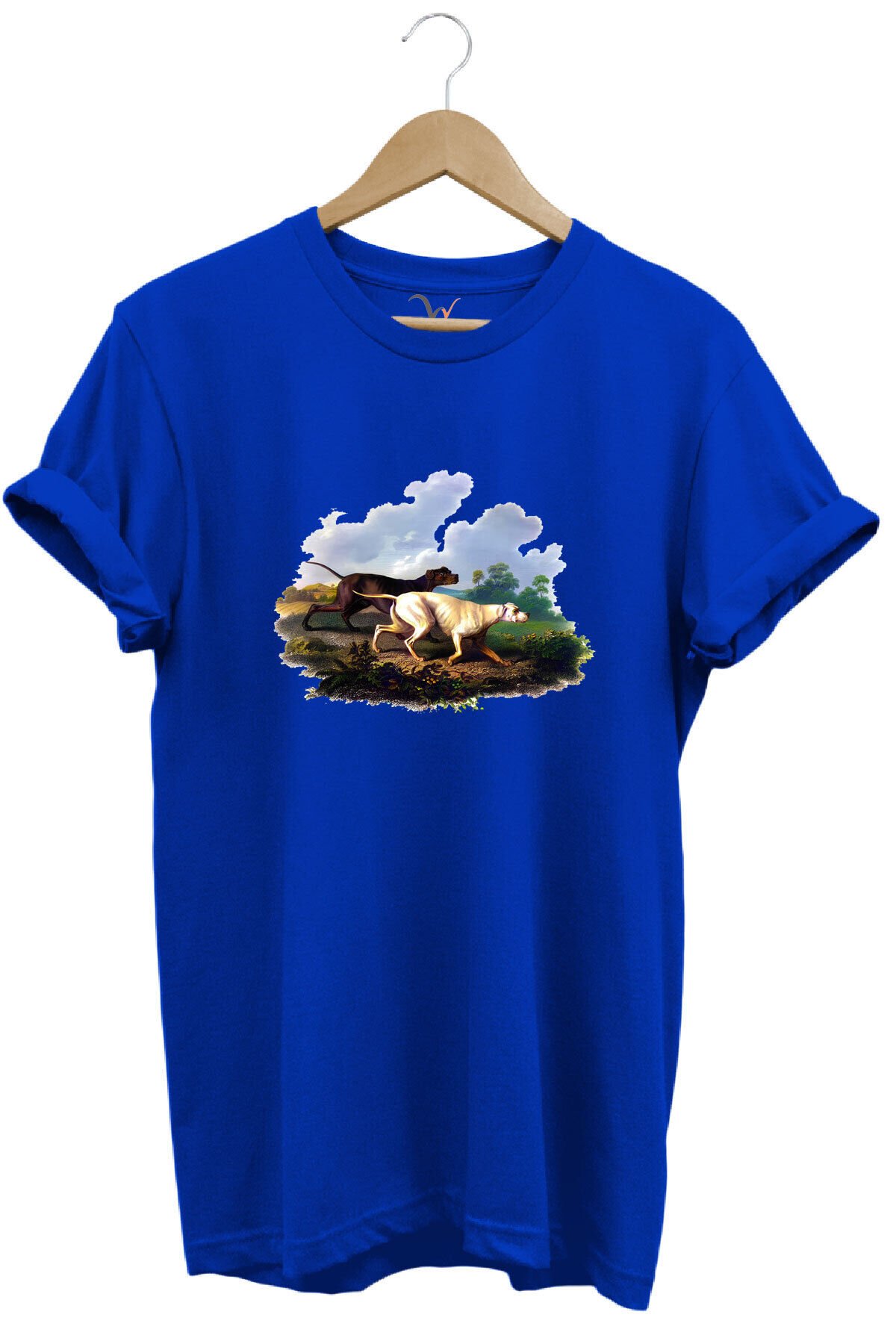 Hunting Avcılık Av Köpekleri Ve Orman Baskılı Doğa Vahşi Yaşam %100 Pamuk Regular Fit Beyaz T-shirt Mavi - XL
