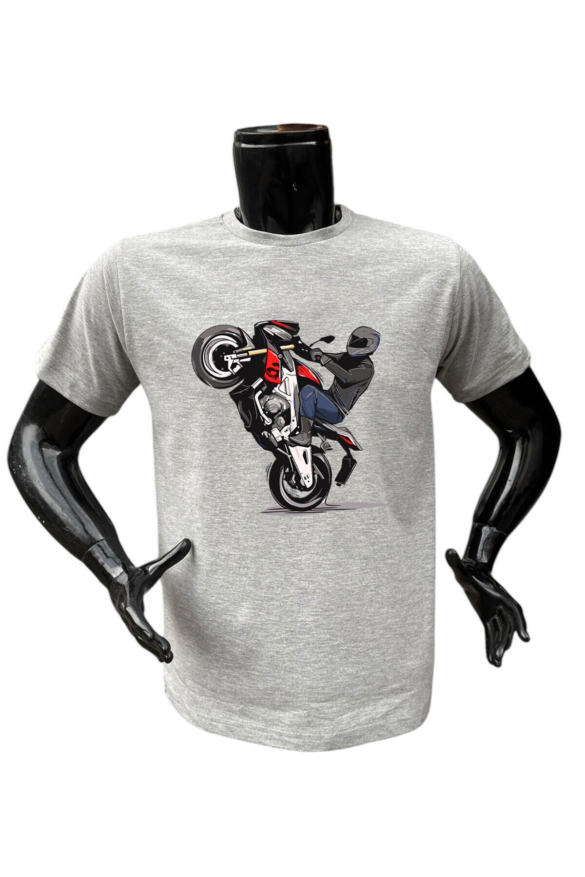 Motosiklet Ön Kaldıran Motorcu Baskılı %100 Pamuk Regular Fit Bisiklet Yaka Gri Gri T-shirt