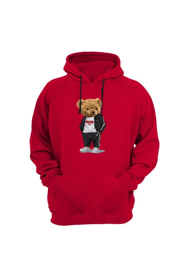 Sevimli Ayıcık Baskılı Love Tasarımlı 3 Iplik Kalın Şardonlu Kanguru Cepli Sweatshirt