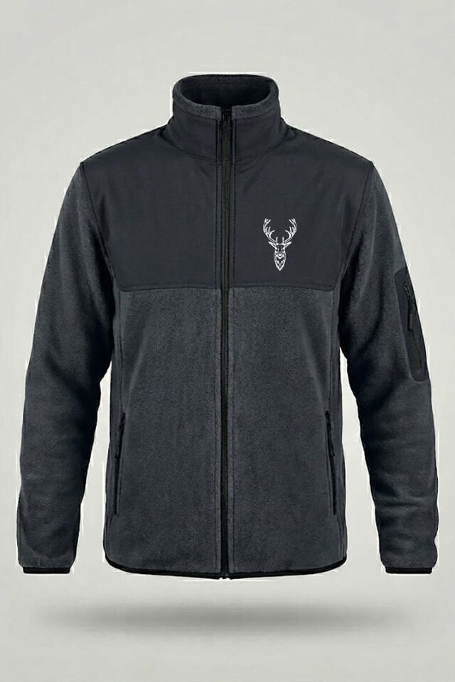 Avcılık Geyik Avı Minimal Baskılı Dik Yaka Garnili Softshell Polar Ceket