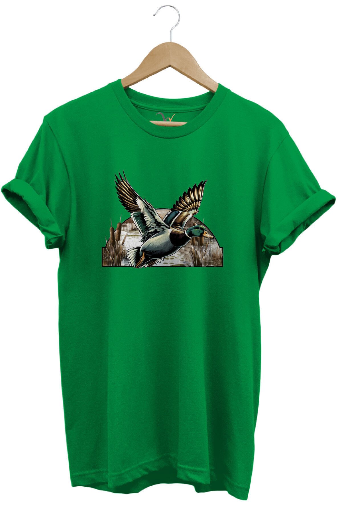 Avcılık Temalı Uçan Ördek Baskılı %100 Pamuk Unisex Regular Fit T-Shirt Yeşil - XL