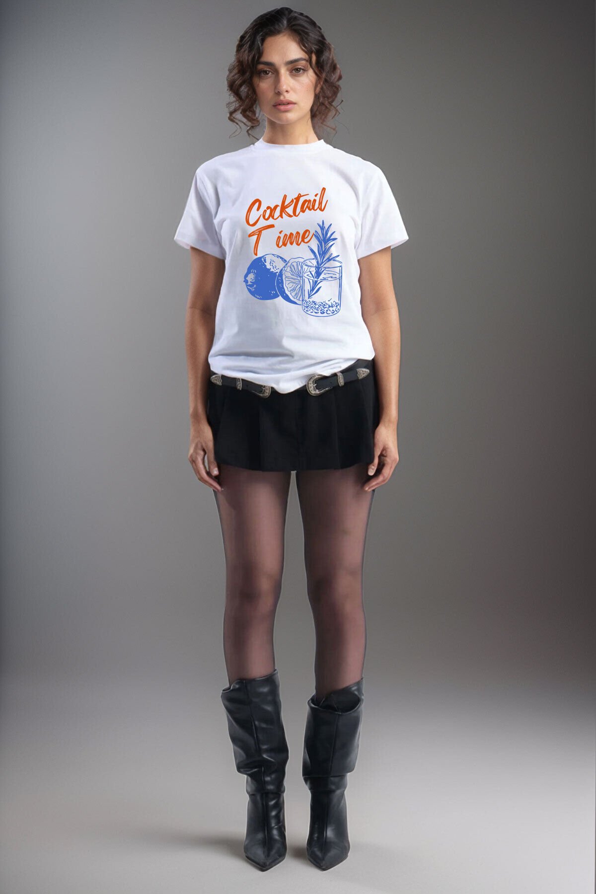 Cocktail Time Tasarım Baskılı Y2K Old Money %100 Pamuk Regular Fit Bisiklet Yaka Premium T-Shirt Beyaz - 2XL