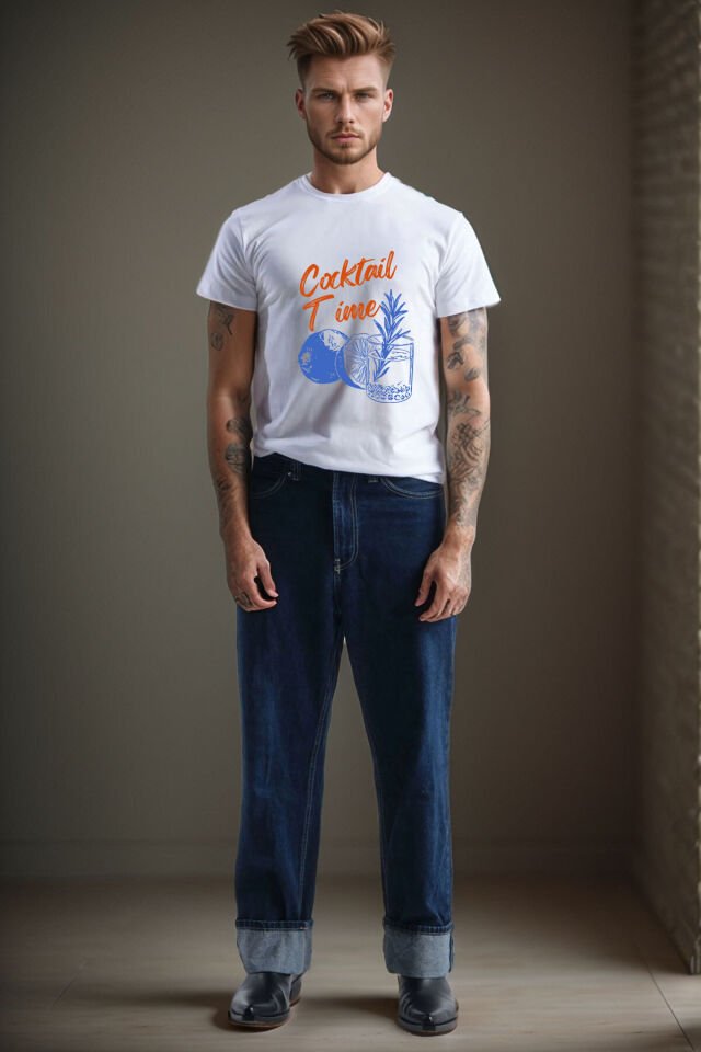 Cocktail Time Tasarım Baskılı Y2K Old Money %100 Pamuk Regular Fit Bisiklet Yaka Premium T-Shirt Beyaz - 2XL