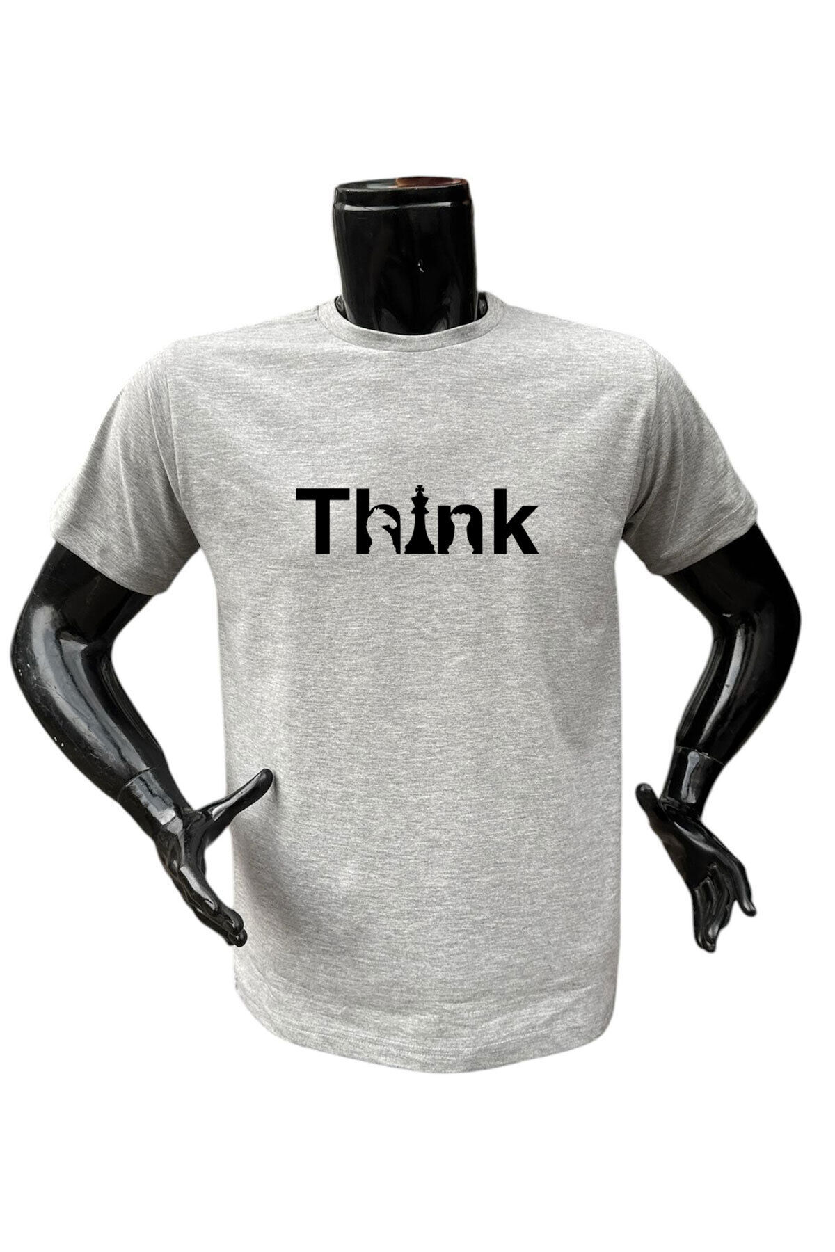 Satranç Think Yazı Baskılı At Ve Kale Baskılı %100 Pamuk Regular Fit Bisiklet Yaka Gri T-shirt