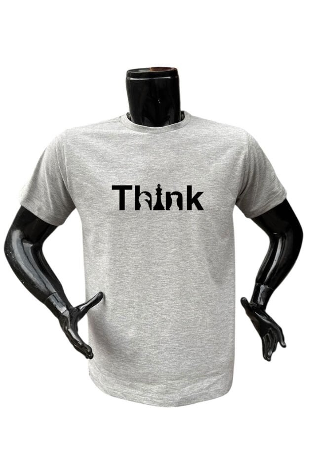Satranç Think Yazı Baskılı At Ve Kale Baskılı %100 Pamuk Regular Fit Bisiklet Yaka Gri T-shirt