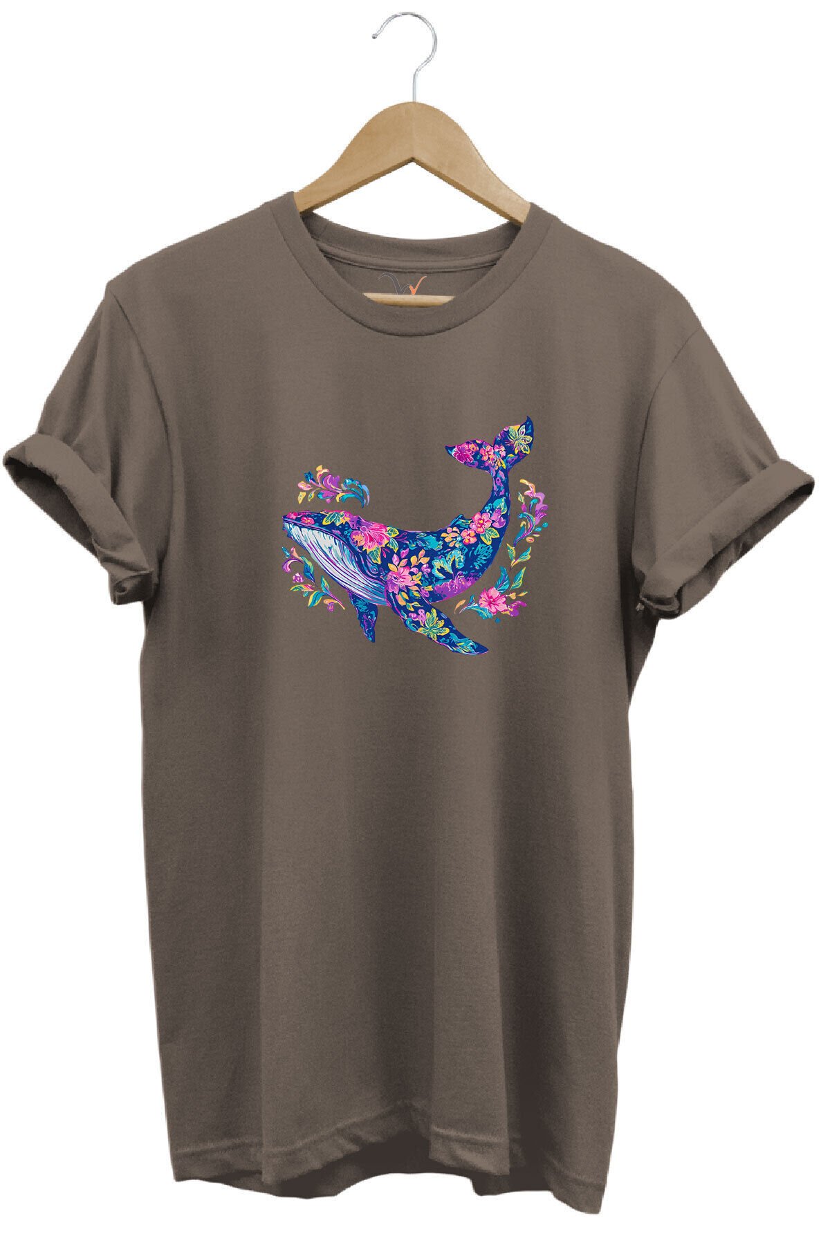 Renkli Balık Balina Desenli Baskılı %100 Pamuk Regular Fit Unisex T-Shirt Kahverengi - 3XL