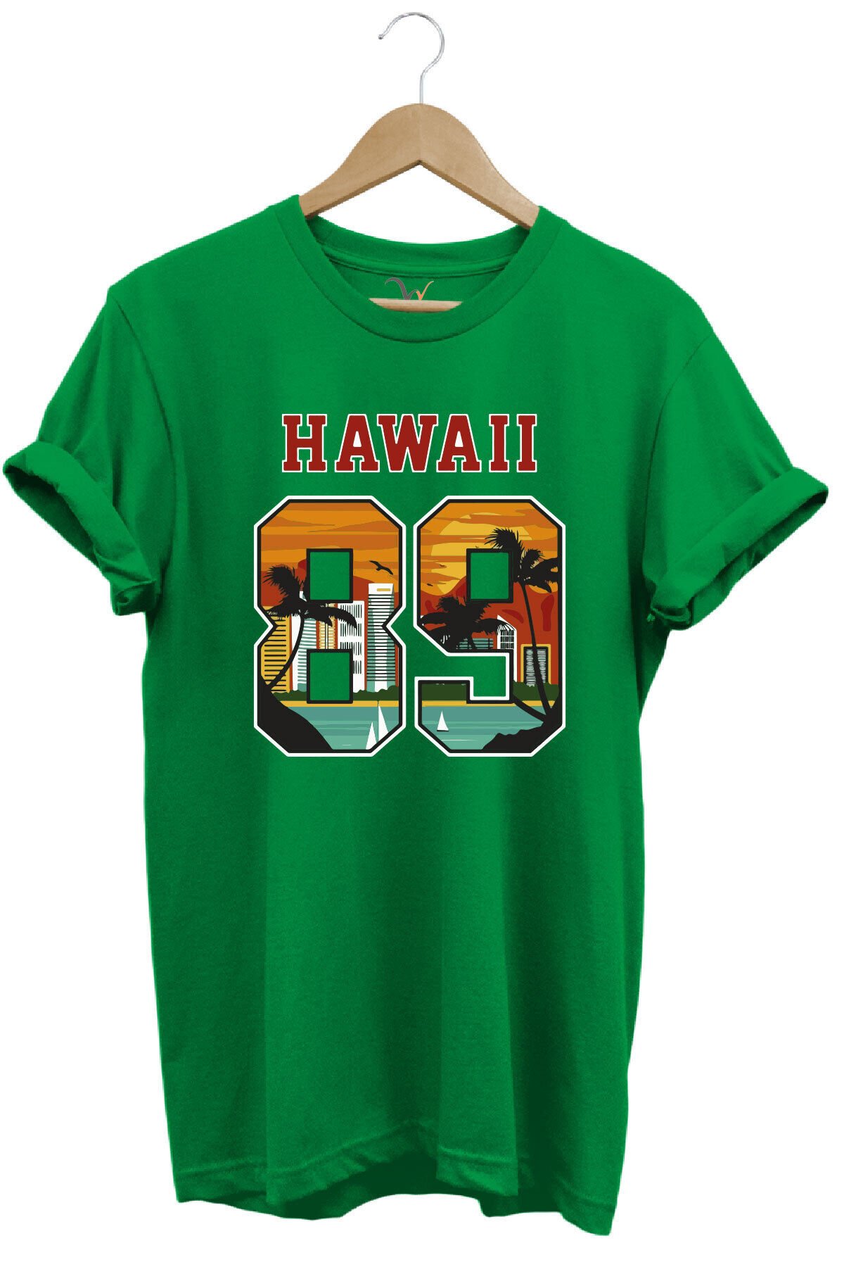 Hawaii 89 Gün Batımı Palmiye ve Yelkenli Baskılı %100 Pamuk Unisex Regular Fit Tişört Yeşil - M