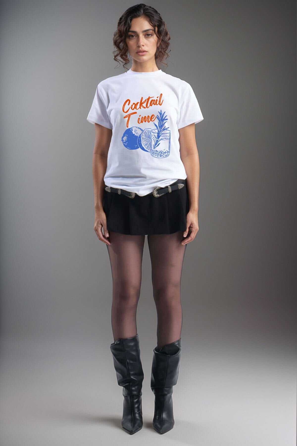 Cocktail Time Tasarım Baskılı Y2K Old Money %100 Pamuk Regular Fit Bisiklet Yaka Premium T-Shirt Beyaz - L