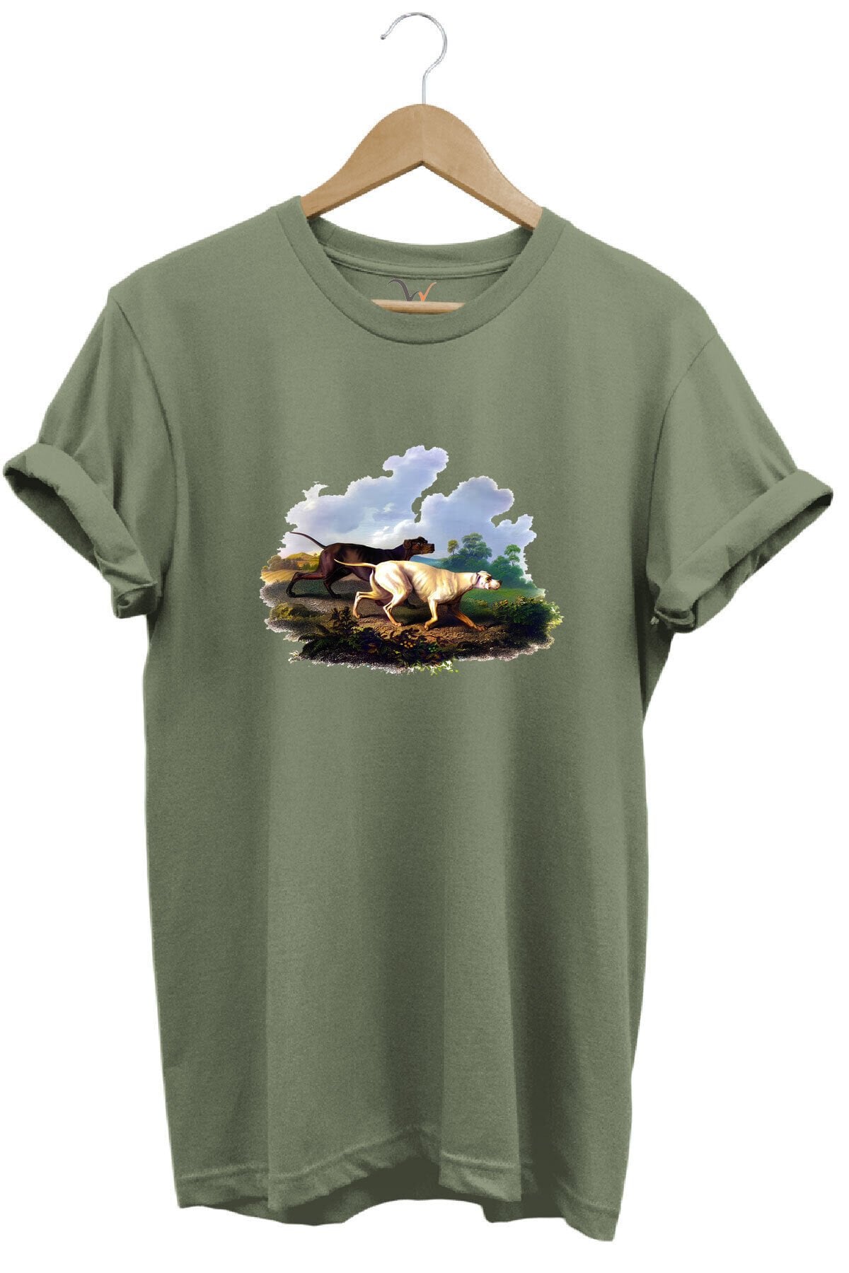 Hunting Avcılık Av Köpekleri Ve Orman Baskılı Doğa Vahşi Yaşam %100 Pamuk Regular Fit Beyaz T-shirt Haki - S