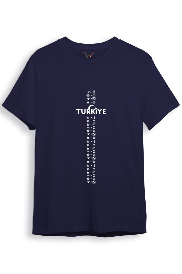 BOZKURT Göktürk Alfabesi TÜRKİYE Sembolleri Yazısı ve Ay Yıldız ve Hilal Baskılı Regular Fit T-Shirt Lacivert - 2XL