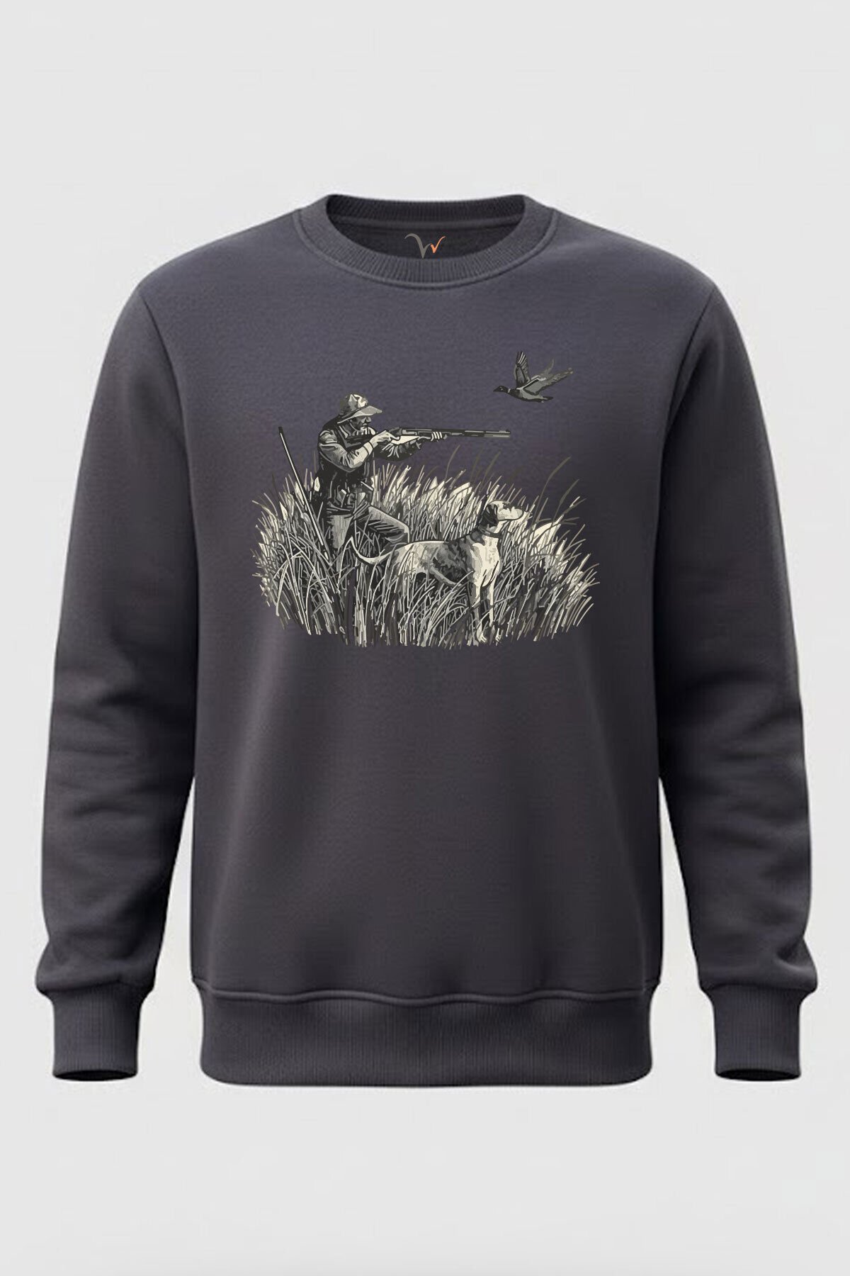 Outdoor Avcılık Köpek ve Kuş Desenli %100 Pamuk Regular Fit Bisiklet Yaka 3 İplik Kışlık Sweatshirt