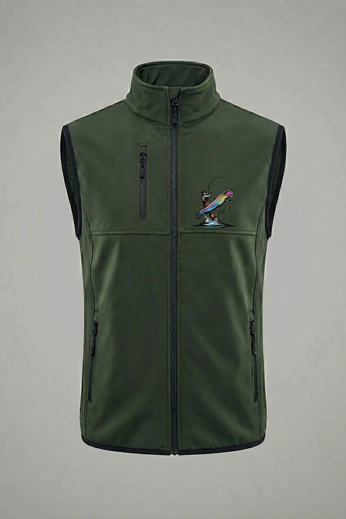 Avcılık Balıkçılık Olta İle Balık Tutmak Baskılı Su ve Rüzgar Geçirmez Softshell Outdoor Haki Yelek