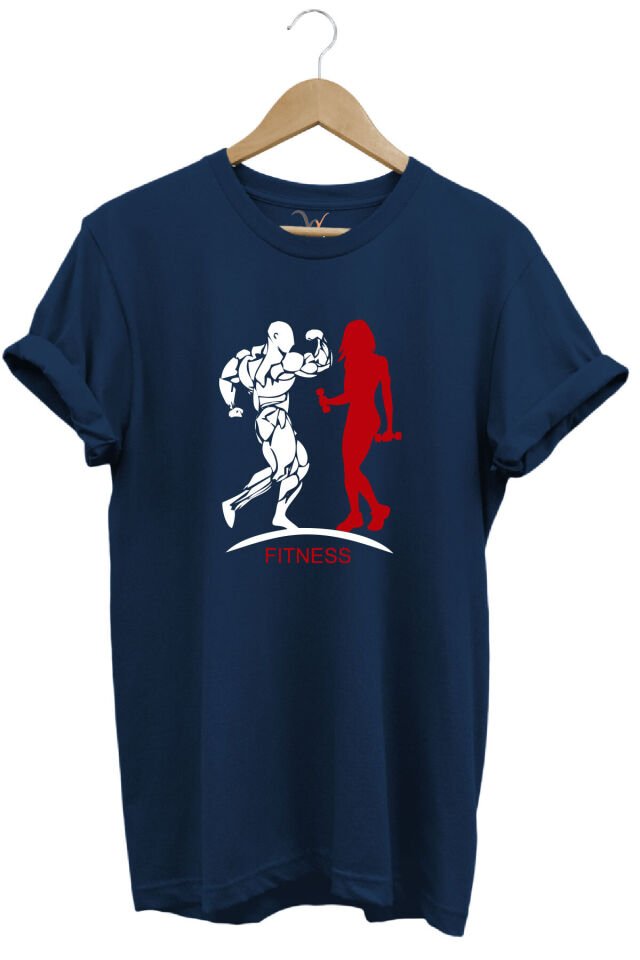 Gym Fitness Spor Yapan Kadın Ve Erkek Baskılı %100 Pamuk Regular Fit Bisiklet Yaka Gri T-shirt Lacivert - 3XL