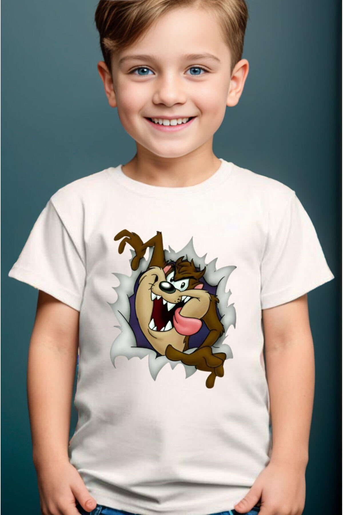 Tazmanya Baskılı Regular Fit Kız Çocuk Erkek Çocuk %100 Pamuk Beyaz T-shirt Beyaz - 7-8 Yaş