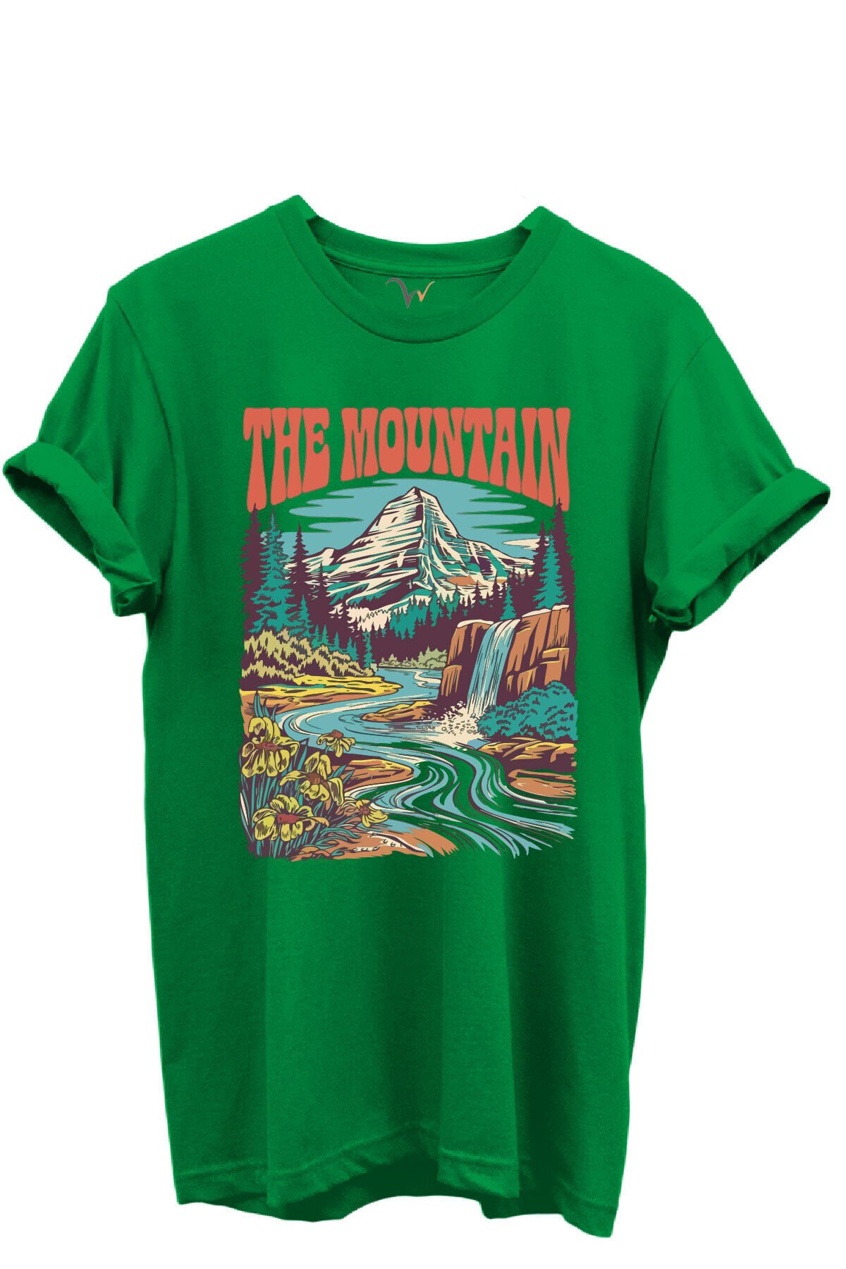 The Mountain Yazılı Dağ Manzarası ve Şelale Baskılı %100 Pamuk Regular Fit Unisex T-Shirt Yeşil - M