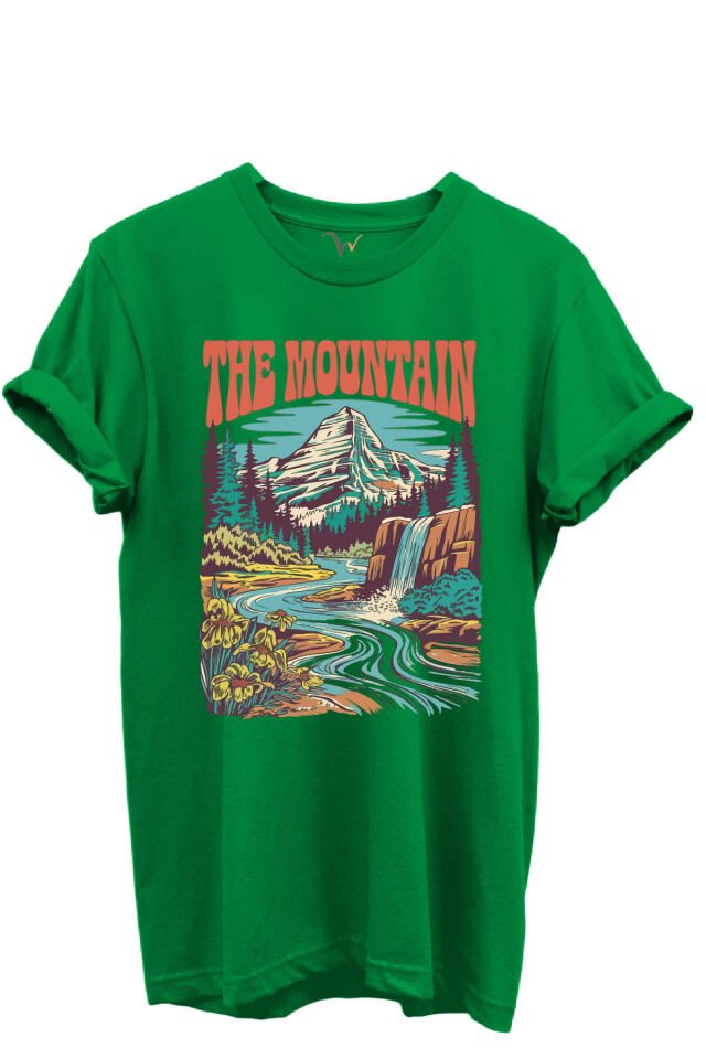 The Mountain Yazılı Dağ Manzarası ve Şelale Baskılı %100 Pamuk Regular Fit Unisex T-Shirt Yeşil - M