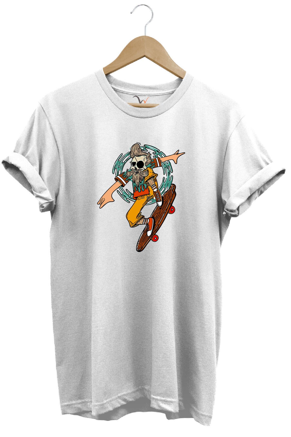 Kaykay Yapan Adam Baskılı %100 Pamuk Regular Fit Premium Tişört Beyaz - 2XL