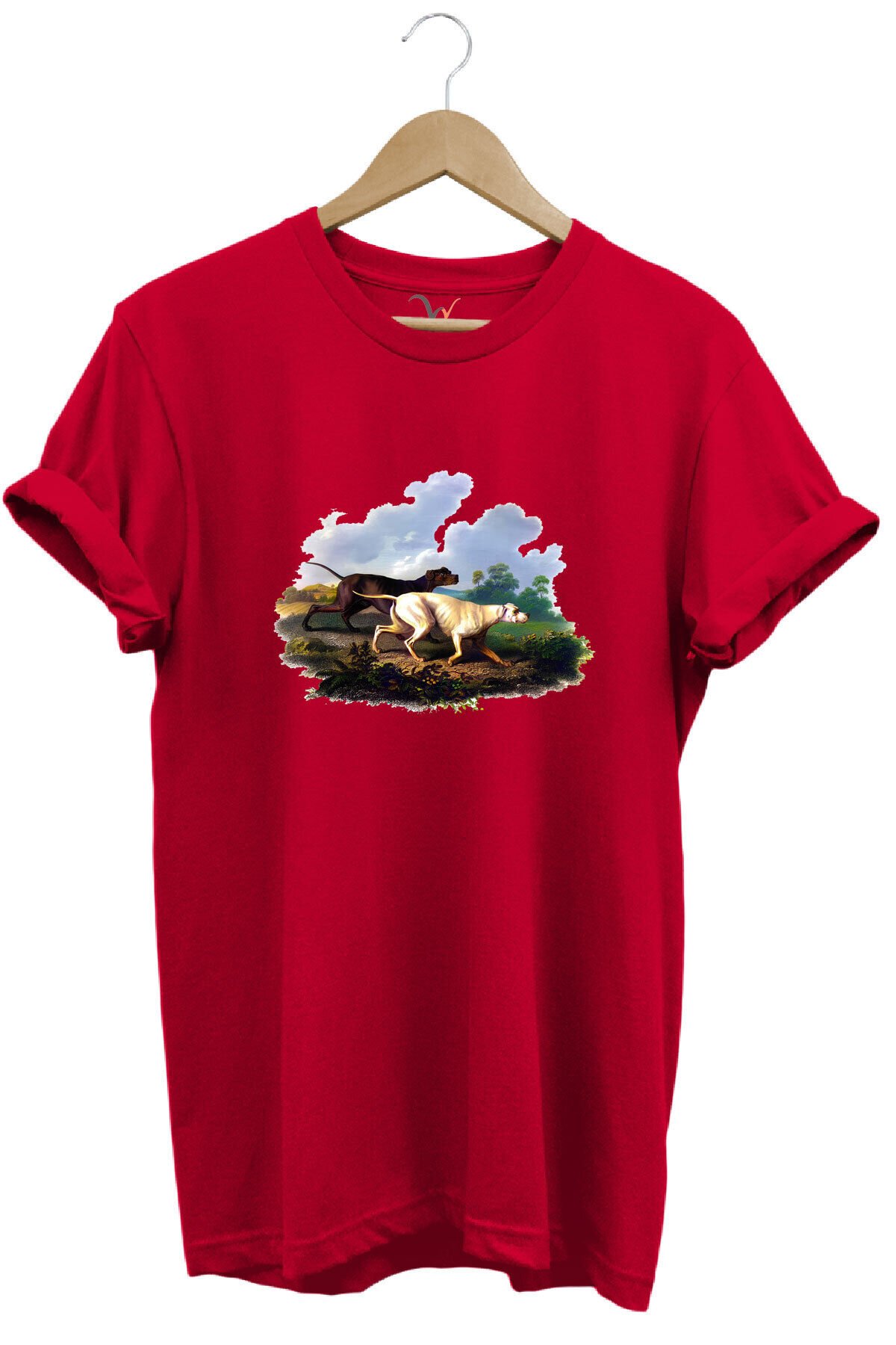 Hunting Avcılık Av Köpekleri Ve Orman Baskılı Doğa Vahşi Yaşam %100 Pamuk Regular Fit Beyaz T-shirt Kırmızı - L