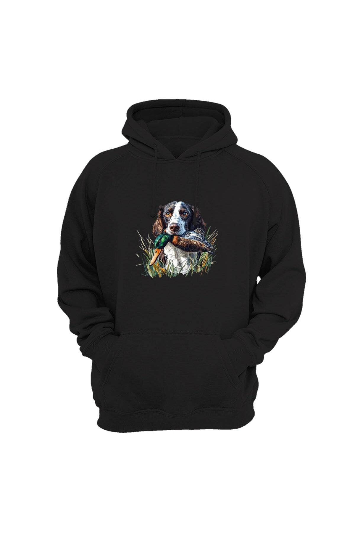 Avcılık Av Köpeği Ve Ördek Baskılı 3 Iplik Kalın Şardonlu Kanguru Cepli Kışlık Sweatshirt