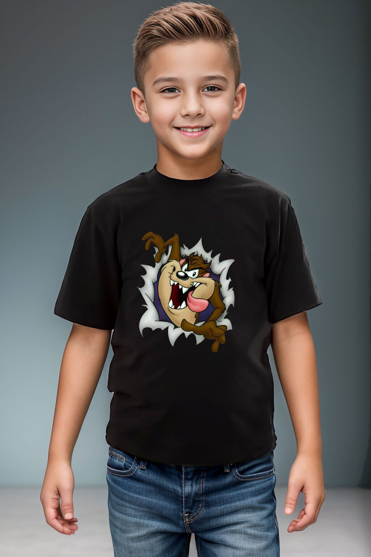 Tazmanya Baskılı Regular Fit Kız Çocuk Erkek Çocuk %100 Pamuk Beyaz T-shirt Siyah - 13-14 Yaş
