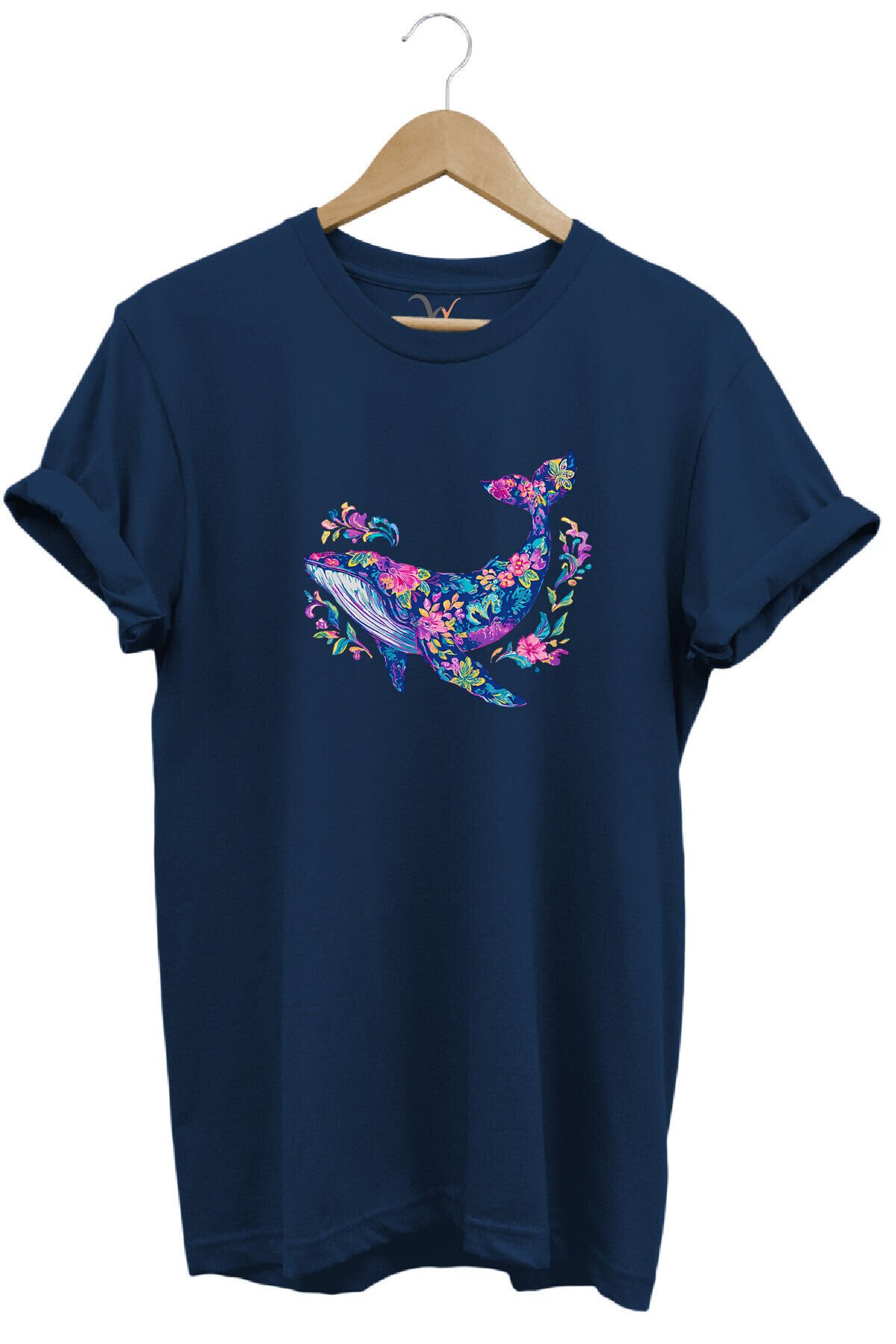 Renkli Balık Balina Desenli Baskılı %100 Pamuk Regular Fit Unisex T-Shirt Lacivert - 2XL