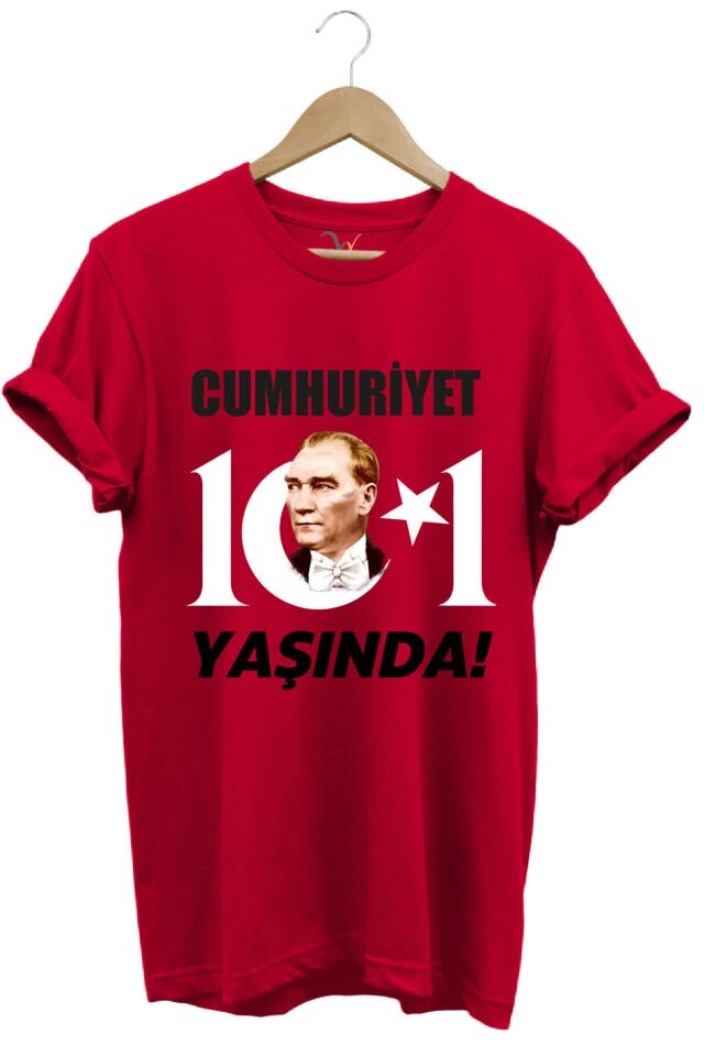 29 Ekim Cumhuriyet Bayramı Atatürk Ay Yıldız Baskılı Cumhuriyet 101 Yaşında Türkiye Turuncu T-shirt Kırmızı - S