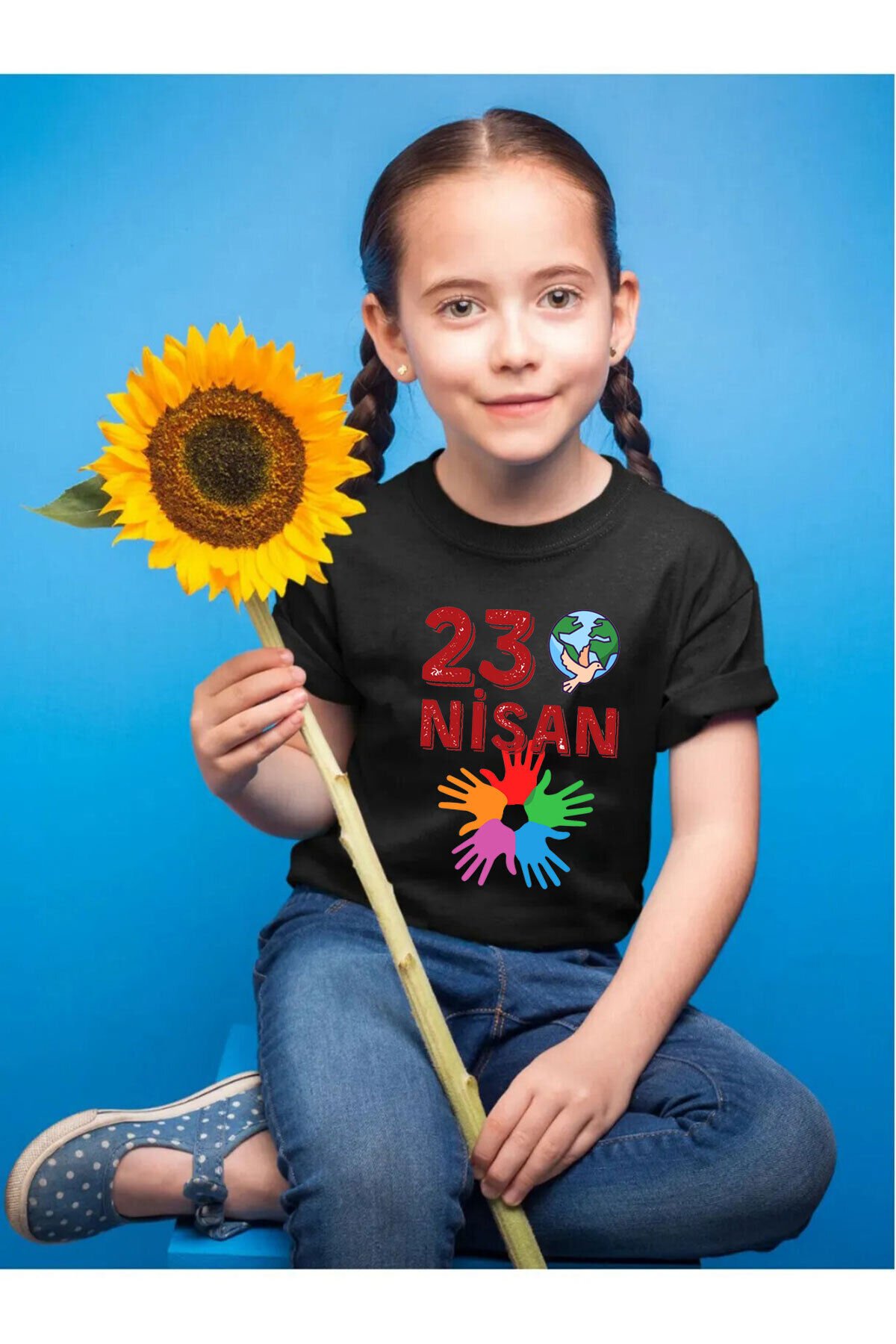 23 Nisan Çocuk Bayramı Baskılı Atatürk Regular Fit %100 Pamuk Çocuk Siyah T-shirt