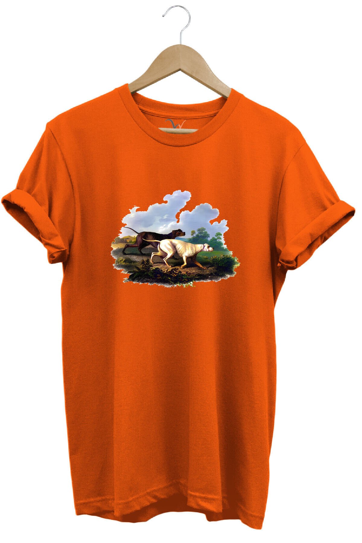 Hunting Avcılık Av Köpekleri Ve Orman Baskılı Doğa Vahşi Yaşam %100 Pamuk Regular Fit Beyaz T-shirt Turuncu - L