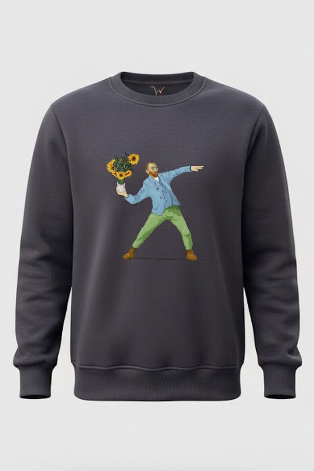Sanatsal Portre Tasarım Baskılı ve Çiçekler %100 Pamuk Regular Fit Bisiklet Yaka 3 İplik Sweatshirt